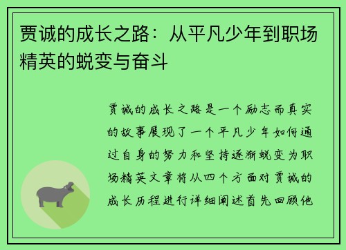 贾诚的成长之路：从平凡少年到职场精英的蜕变与奋斗